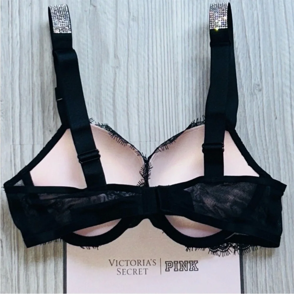 💎VS Very Sexy Black Lace Bling Push Up Bra With Matching Garter Belt Set NWT✨
